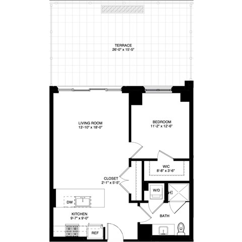 Floor plan for 1 bed, 1 bath, 757 sqft